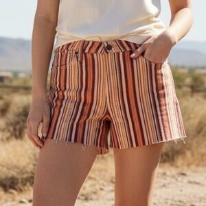 WRANGLER COWBOY / WESTERN RETRO HIGH RISE SHORTS. SIZE 15. STRIPED, RAW HEM.